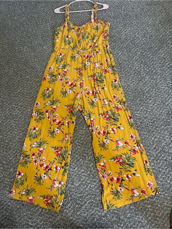 Pants - Floral Mustard Wide-Leg Spaghetti-Strap Jumpsuit